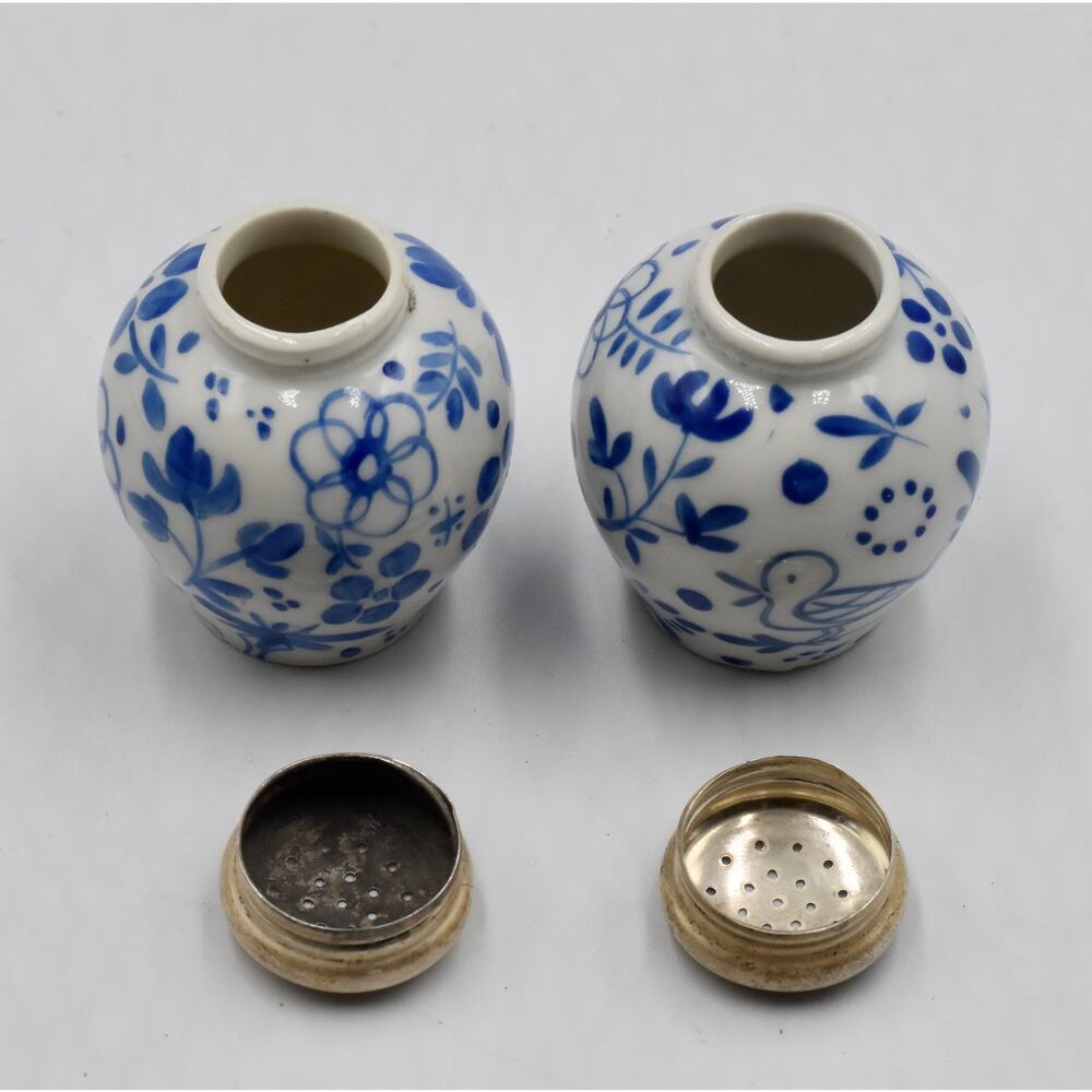 Rare Meissen Blue Porcelain Salt & Pepper Hand Painted Sterling Silver Lids - Picture 10 of 13